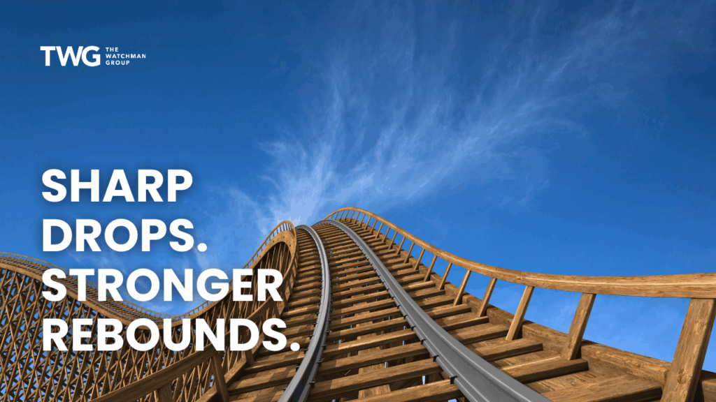 Wooden roller coaster track climbing under a blue sky, with bold text 'Sharp Drops. Stronger Rebounds.' – illustrating market volatility and long-term recovery themes from The Watchman Group’s June 2025 investment blog.