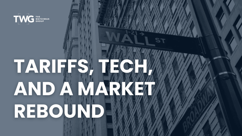 Wall Street sign with skyscrapers in background promoting Q2 2025 market rebound blog on tariffs, tech sector growth, AI investment, and stock market recovery by The Watchman Group